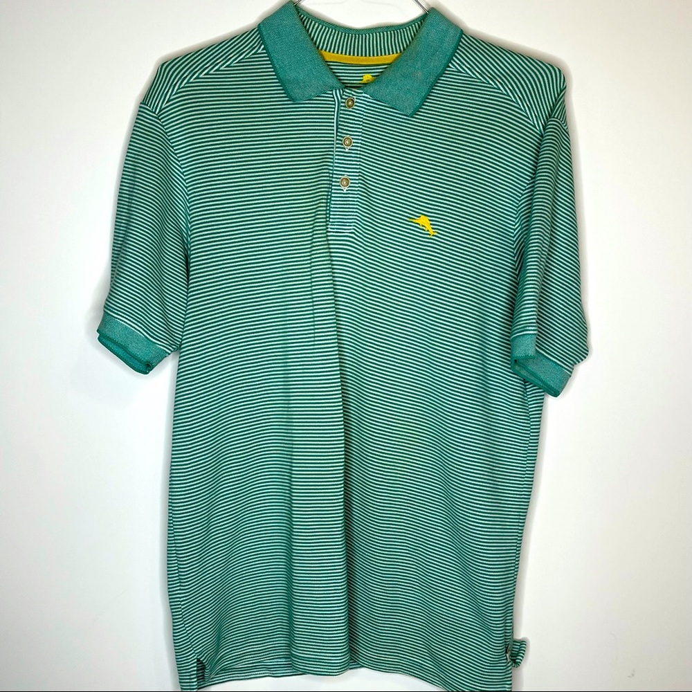 Large Tommy Bahama Mint Green and White Striped SS Polo